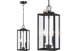 MYHXQ Large Outdoor Pendant Light 2-Light, 15'' Dusk to Dawn Modern Black Metal Outside Chandelier Exterior Hanging Fixture Ceiling Mount with Clear Glass for Front Porch Entrance Foyer Entryway, 1 Pack