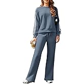 SHEKINI Women's 2 Piece Lounge Set Fall Outfit Long Sleeve Sweatshirt High Waisted Wide Pants Crewneck Tracksuit Matching Set