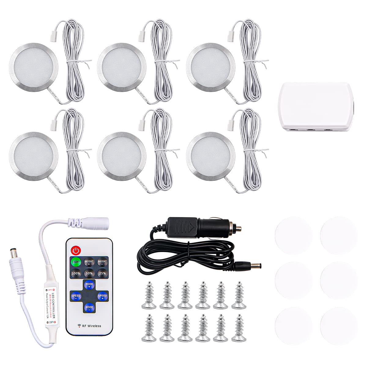 NUZAMAS Pack of 6 Linkable Under Cabinet LED Lightings - Dimmable Puck Lights, Cupboard Lights Under Counter Lights for Closet Showcase Bookshelf Wardrobe White 6400K, Caravan, Truck,Surface