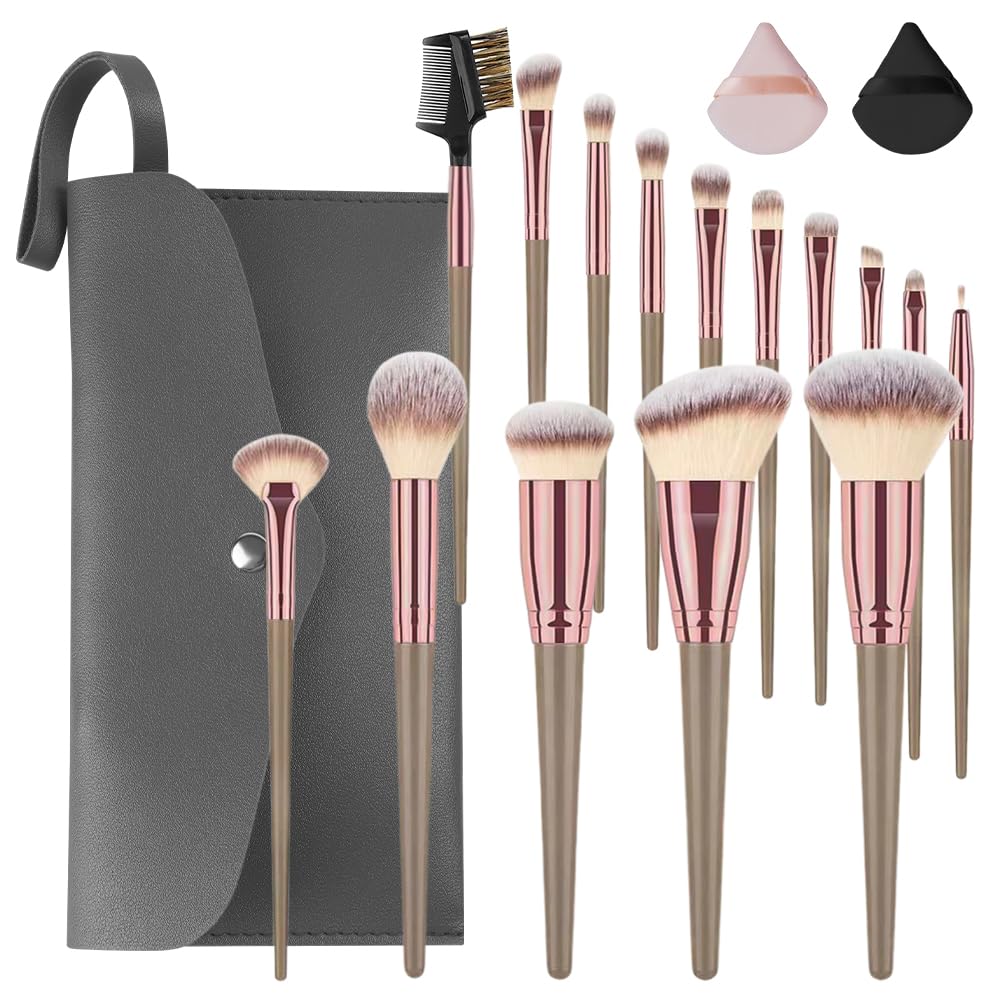 Vicloon Makeup Brushes, 15Pcs Professional Makeup Brushes Set with PU Leather Bag, 2pcs powder puff (cosmetics), Premium Synthetic Foundation Face Powder Concealers Eyeshadow Blush, Comfortable-Coffee
