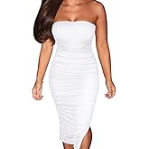 GOKATOSAU Women's Summer Strapless Mesh Bodycon Split Ruched Midi Party Dress