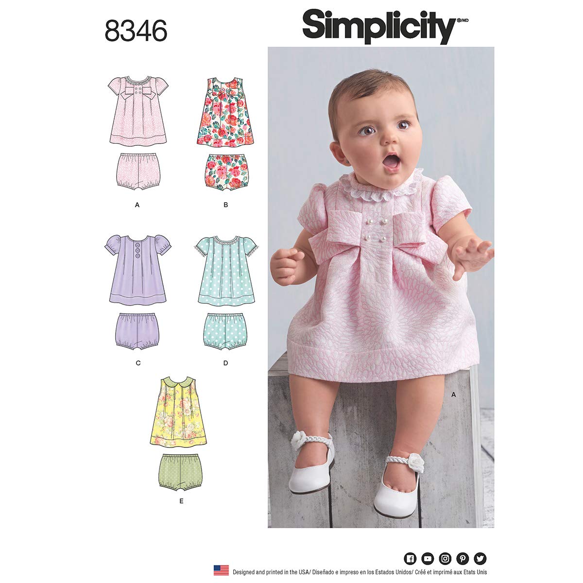 Simplicity Pattern 8346 A (XXS-XS-S-M-L) Babies' Dress and Panties, Paper, White, 22 x 15 x 1 cm