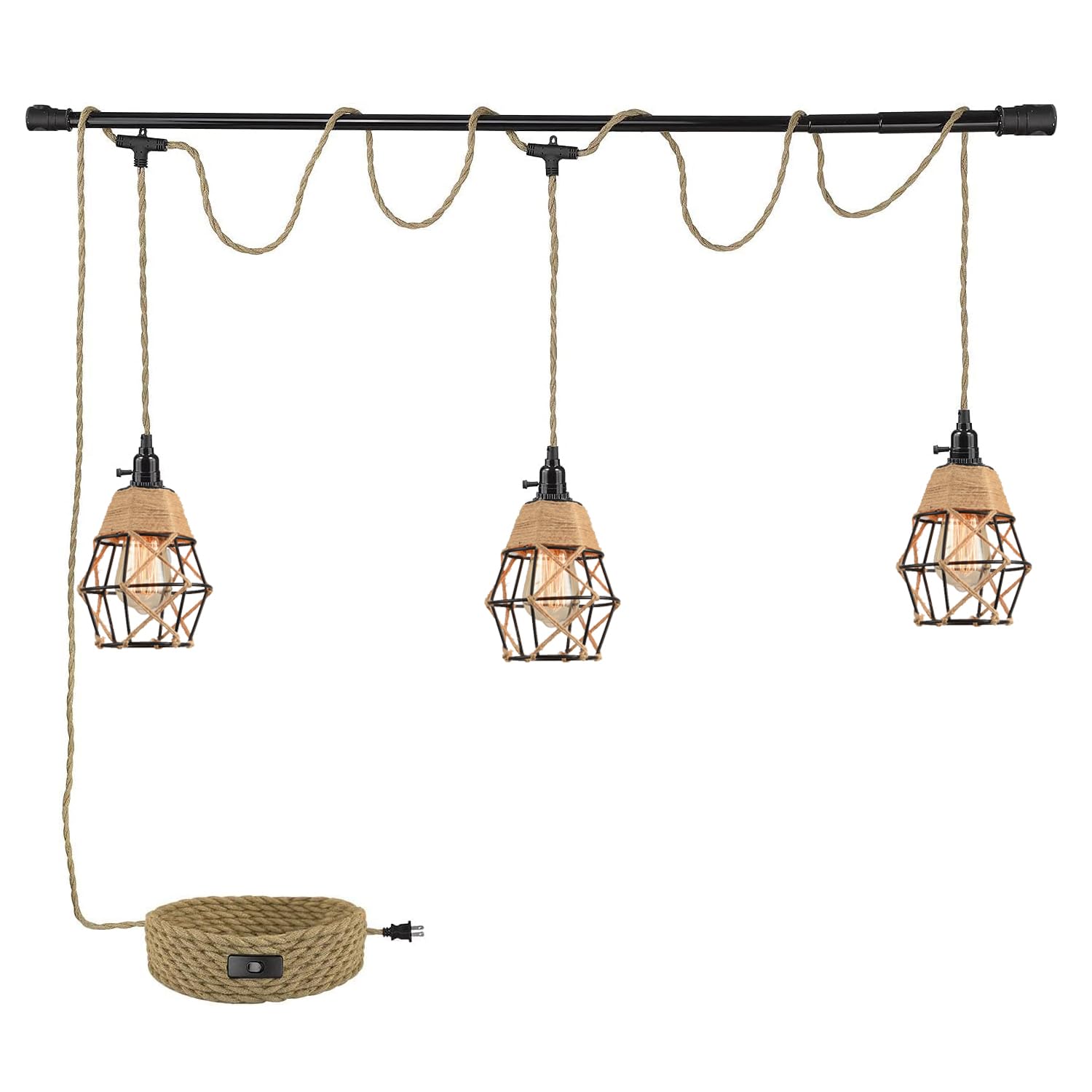 Photo 1 of 3-Light Hanging Light with Plug in Cord,Plug in Pendant Light 22ft Hemp Rope Pendant Lighting Vintage 3-Light Hanging Lamp Fixtures for Kitchen Island Living Room Bedroom