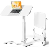 JOY worker Foldable Mobile Standing Desk, 180&deg; Tilt Overbed Bedside Table | Height Adjustable, 31.5" White MDF Top with Lips, Collapsible Top &amp; Base for Storage, Poratble Laptop Desk for Home Hospital