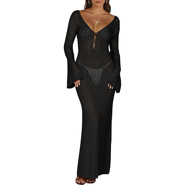 Saodimallsu Womens Crochet Maxi Cover Up Dress Beach Swim Vacation Coverups Long  Sleeve Sexy Bodycon Summer Knit Dresses Black at Amazon Women's Clothing  store