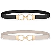 WHIPPY 2 Pack Skinny Elastic Belts for Women Thin Stretchy Waist Belt for Dresses with Gold Buckle