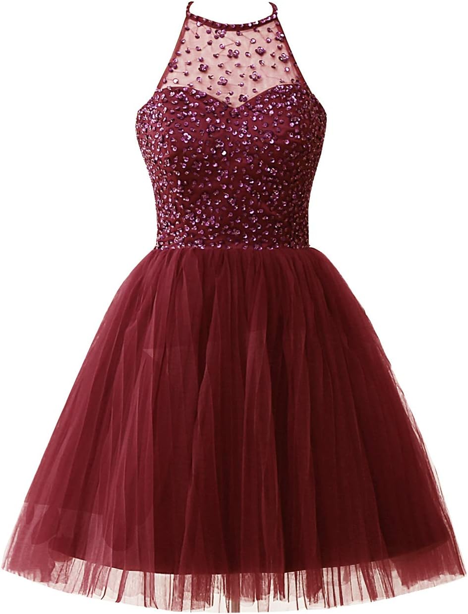 Homecoming Dresses Short for Junior Prom Dress Cocktail Evening Gowns Tulle Halter Beaded Sequins