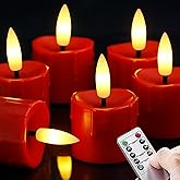 Yeelida Flameless LED Remote & Timer 1.6" x2.5" Plastic Tea Light Candles with Batteries, 6pcs Battery Operated Flickering Electric Red Dripping Wax Design Tealight Votive Candles