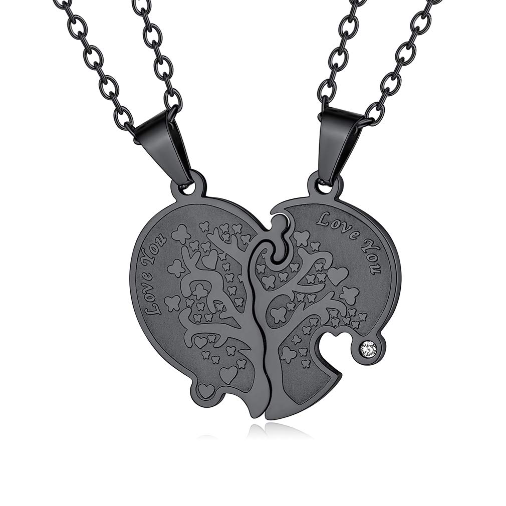 Custom4U Promise Necklaces for Couples-Black Romantic Heart Matching Jewellery Pendant Pre-Engraved with Love You for Partner Lover — image 1