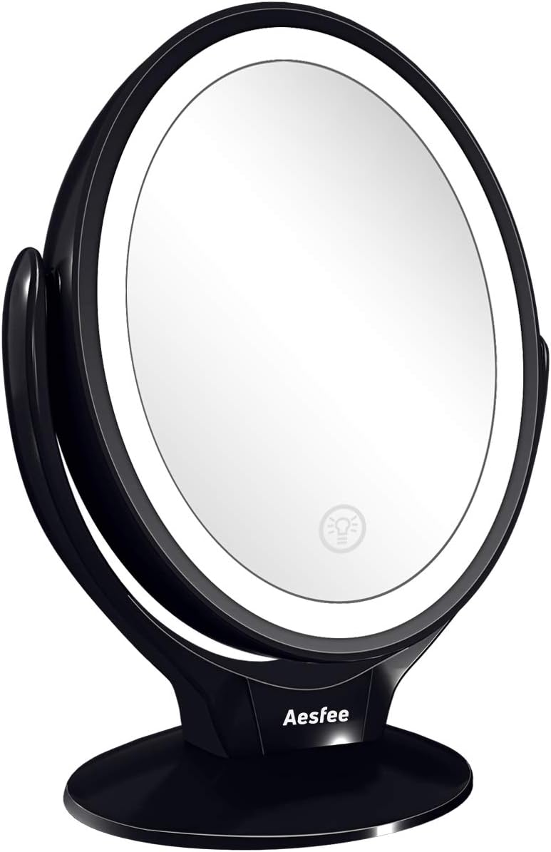 Aesfee LED Lighted Makeup Vanity Mirror Rechargeable, 1x / 7x Magnification Double Sided Magnifying Mirror with Dimmable Touch Screen, Portable Illuminated Mirror for Travel, Bathroom (Black)