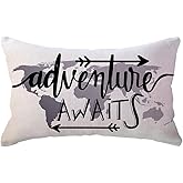Grey World Map Adventure Lumbar Throw Pillow Cover Adventure Awaits Arrow Decor Cabin/Camper Geography Theme Decorative Rectangular/Waist Pillowcases 12 x 20 Inch for Sofa/Couch/Porch(12"×20", Grey)
