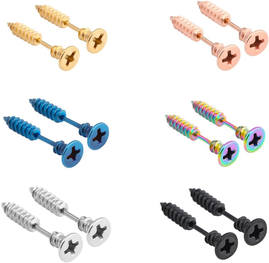 Epoch World 6 works Stainless Steel Screws Earrings for Men Boys Women Stud Earrings Spike Earrings Punk Silver Black Gold