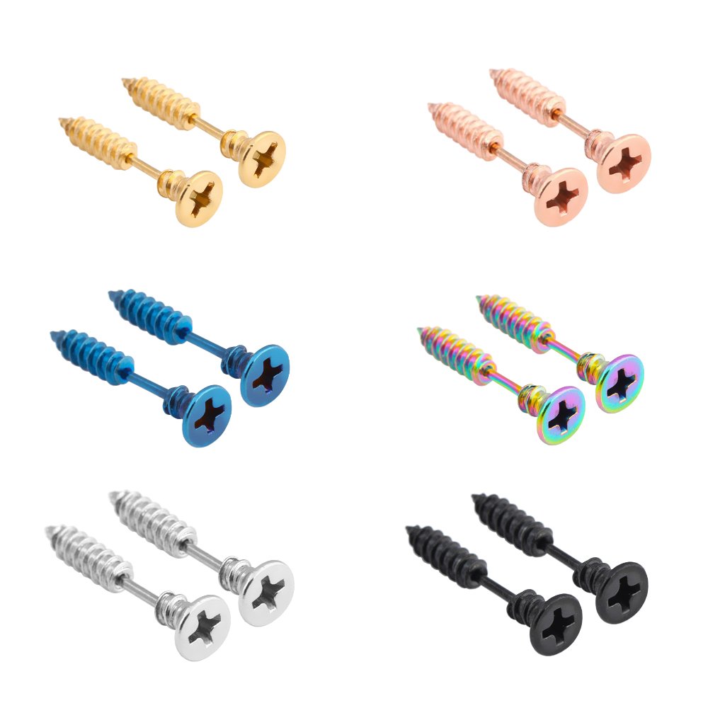 Epoch World 6 Pairs Stainless Steel Screws Earrings for Men Boys Women Stud Earrings Spike Earrings Punk Silver Black Gold