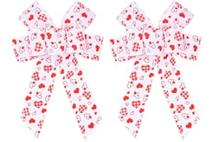 Threetols 2pcs Valentine's Day Bows for Wreath, White Heart Wreath Bows Red Heart Romance Decorations Bows Anniversary Farmhouse Bows for Indoor Outdoor Holiday Wedding Party Decoration