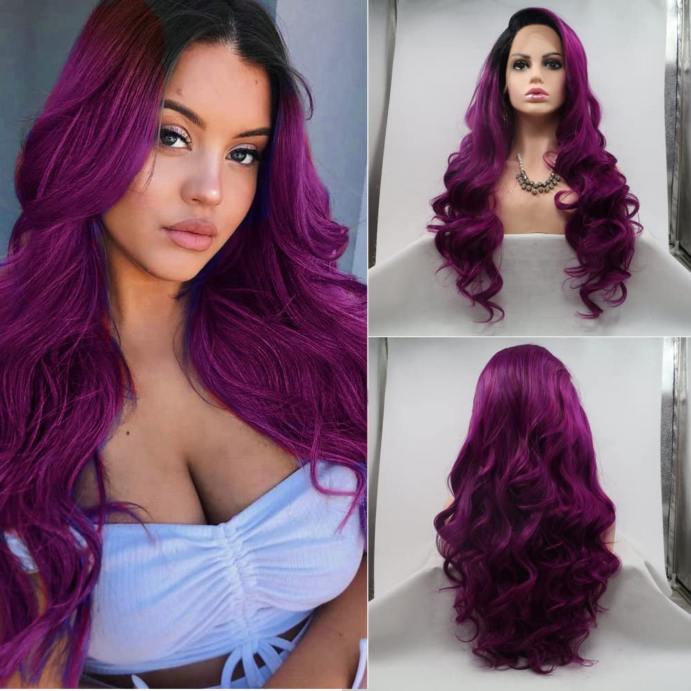 Black Root To Dark Purple Ombre Color Long Body Wave Side Part Hairline Synthetic Lace Front Wigs Heat Resistant Fiber for Women Natural Looking Drag Queen Wigs Party&Cosplay&Daily Wigs