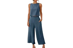 Rkwins Womens 2 Piece Outfits Summer Tank Tops and Wide Leg Set Casual Linen Pants Set Sleeveless Crop Tops Two Piece Sets