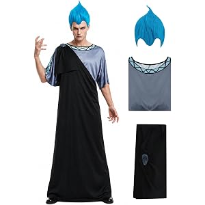 Comnfgl Male Greek God Cosplay Costume Black Toga Greek Underworld God Blue Fiery Wig Cosplay Outfit
