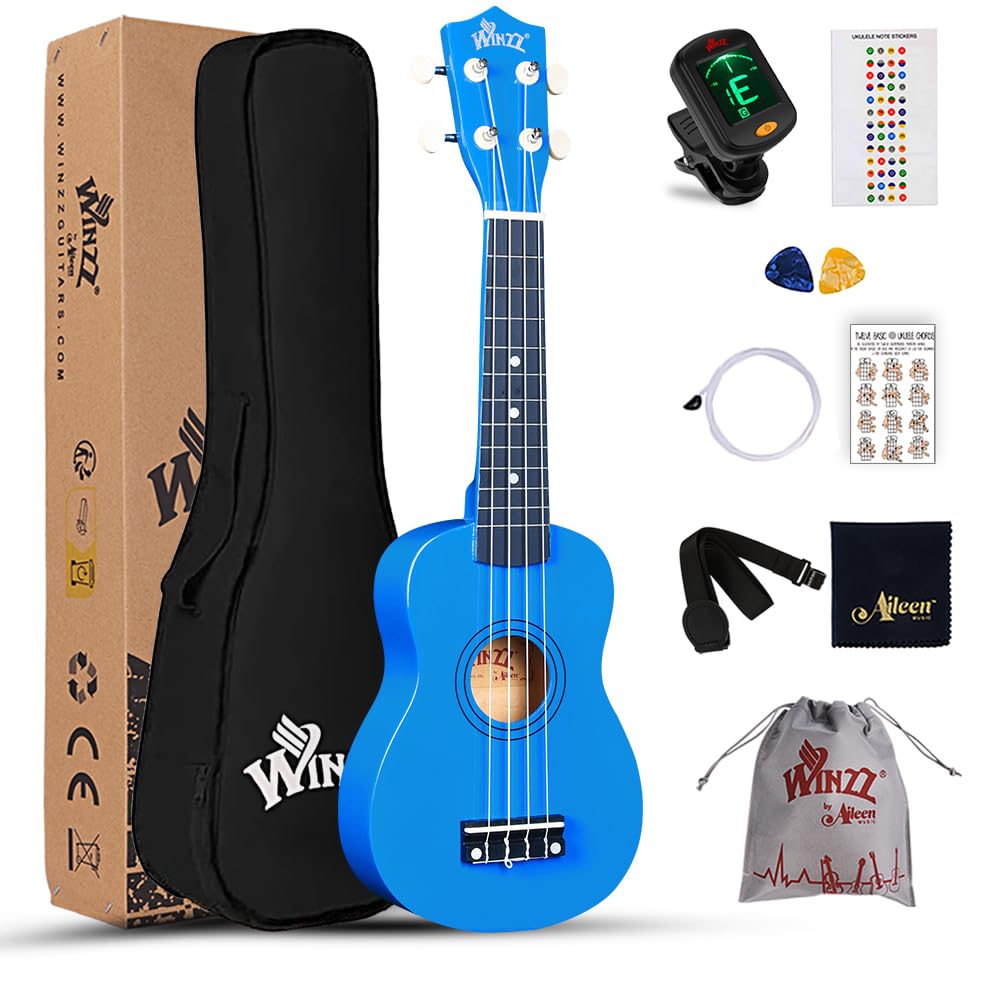 Winzz Soprano Ukulele Starter Kit For Beginners with Bag, Clip-On Tuner, Extra Strings, Strap, Plectrum, Fret Stickers, Chords Card, Polishing Cloth, Dark Blue
