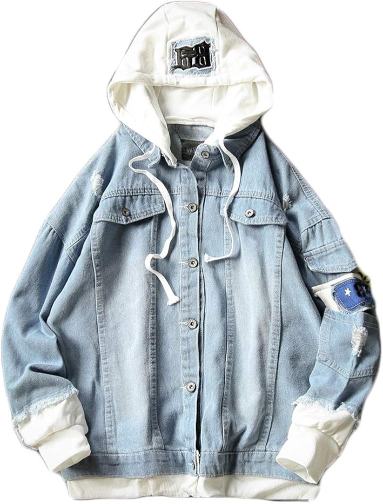 Lavnis Men's Denim Hooded Jacket Casual Button Down Ripped Jeans Jacket Coat Outwear at  Men’s Clothing store
