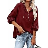 WROLEM Womens Hooded Button Collar Drawstring Hoodies Pullover Sweatshirts Casual Long Sleeve Top Shirts