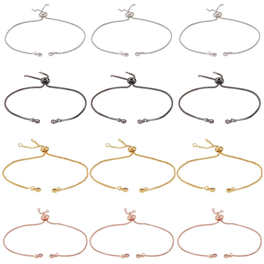 SOFPLATE 1 Box 12Pcs 4 Colors Slider Bracelet Chain Adjustable Slider Bracelets Bead Ends Chains with Rhinestone Brass Slider Bracelet findings for jewellery making Chains Supplies DIY Bracelet Crafts