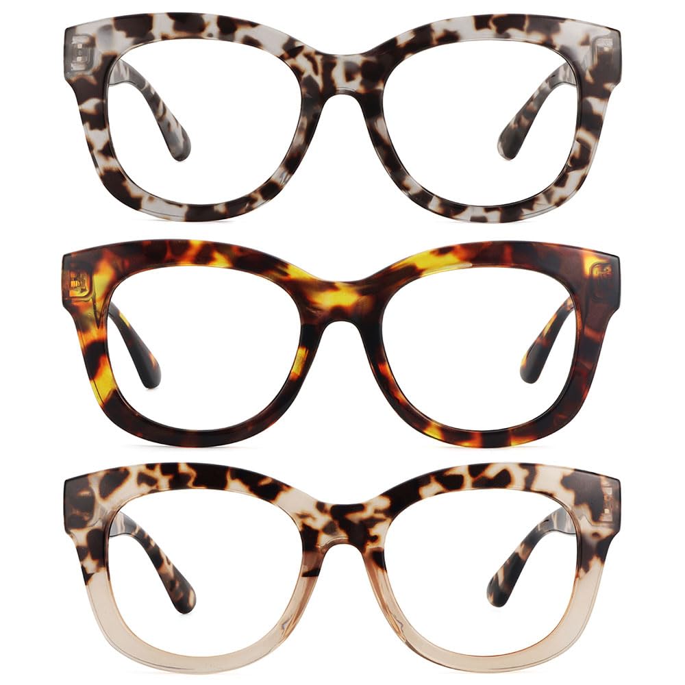 YOBOCO 3 Pack Oversized Reading Glasses Women 1.25 Large Designer Reading Glasses Men 1.25，Tortoise Brown/Tortoise Gray/Half Tortoise Brown