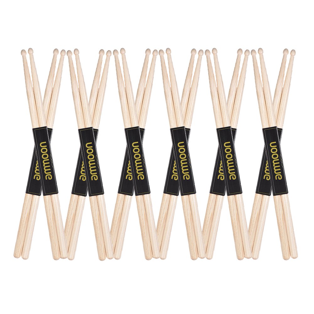 ammoon Wooden Drumsticks Drum Sticks 12 Pair of 7A Fraxinus Mandshurica