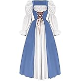 Womens Renaissance Dress, Halloween Medieval Victorian Costume Lace Up Bubble Sleeve Fairy Maxi Dresses