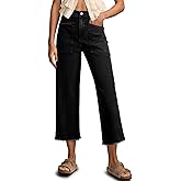 Sidefeel Womens Wide Leg Baggy Capri Jeans High Waisted Straight Leg Stretchy Raw Hem Cropped Denim Pants with Pockets