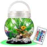 LA KEN DU,Small Betta Tetra Fish Tank Decorations Set-Aquarium with 20 Color LED Lighting,Fish Night Light Aquarium for Kids,0.5-Gallon,Transparent