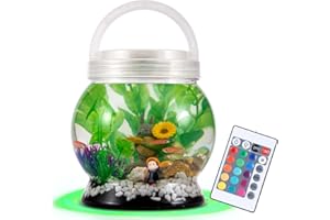 LA KEN DU,Small Betta Tetra Fish Tank Decorations Set-Aquarium with 20 Color LED Lighting,Fish Night Light Aquarium for Kids,0.5-Gallon,Transparent