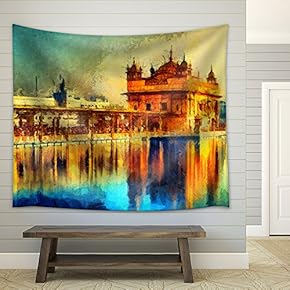 Golden Temple at Amritsar, India - Oil Painting - Fabric Wall Tapestry Home Decor - 51x60 inches