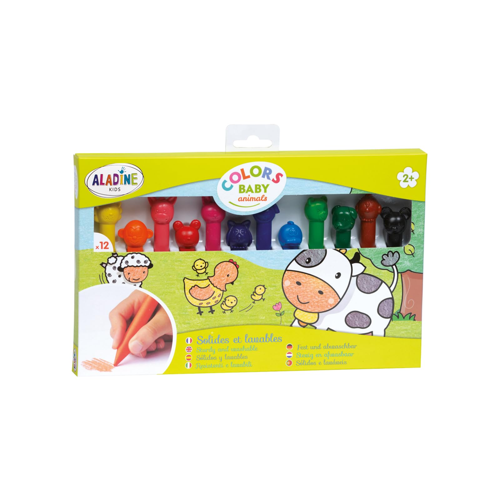 Aladine - Colors Baby Animals - Set of 12 Coloring Chalk Colours - Washable - With 3D Mouldings Animal Heads - From 2 years old