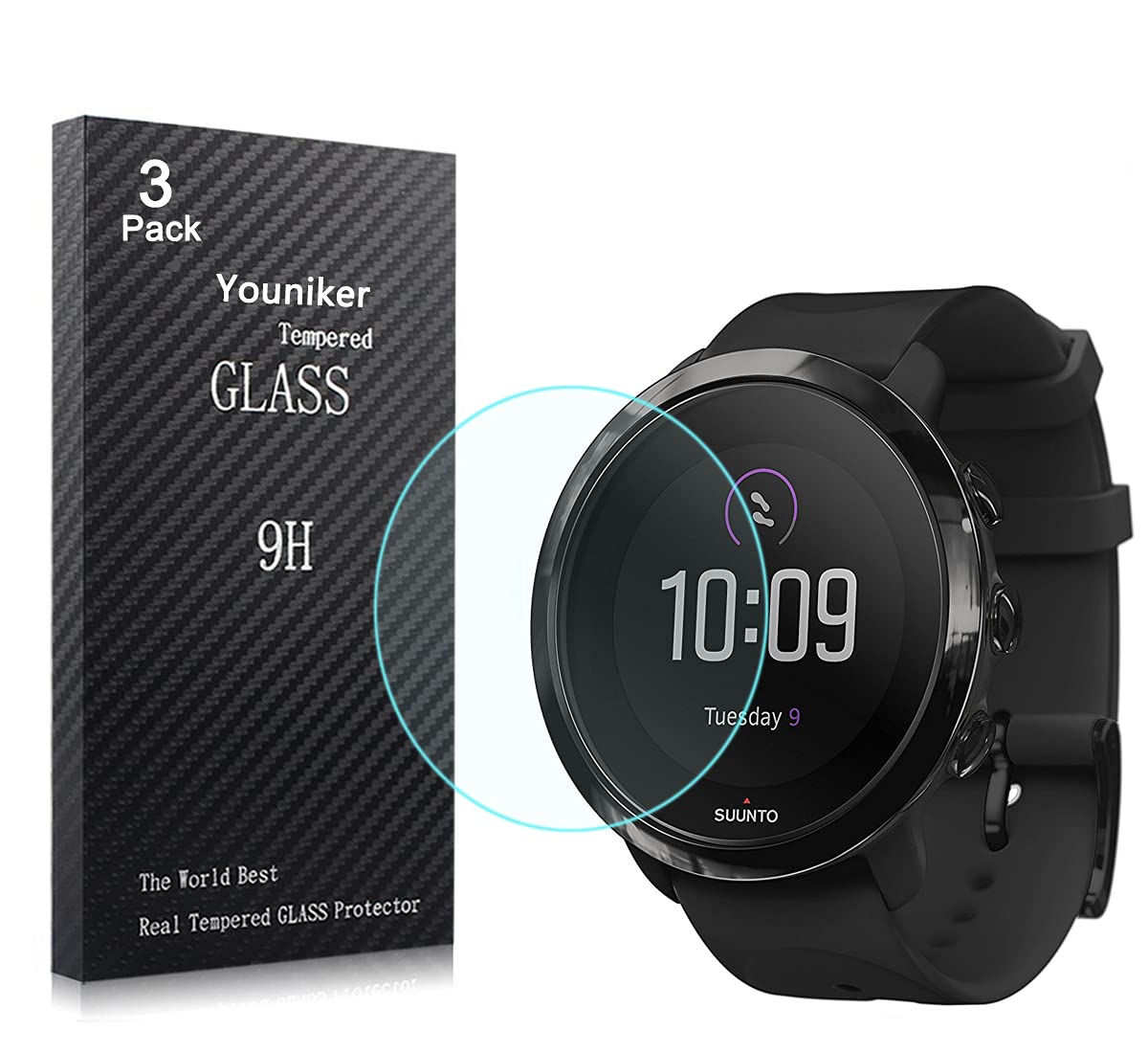 Youniker 3 Pack Suunto 3 Fitness Screen Protector Tempered Glass,For Suunto 3 Fitness Watch Screen Protector Foils Glass 9H Hardness 0.3MM Slim, Anti-Scratch, Anti-Fingerprint, Bubble Free