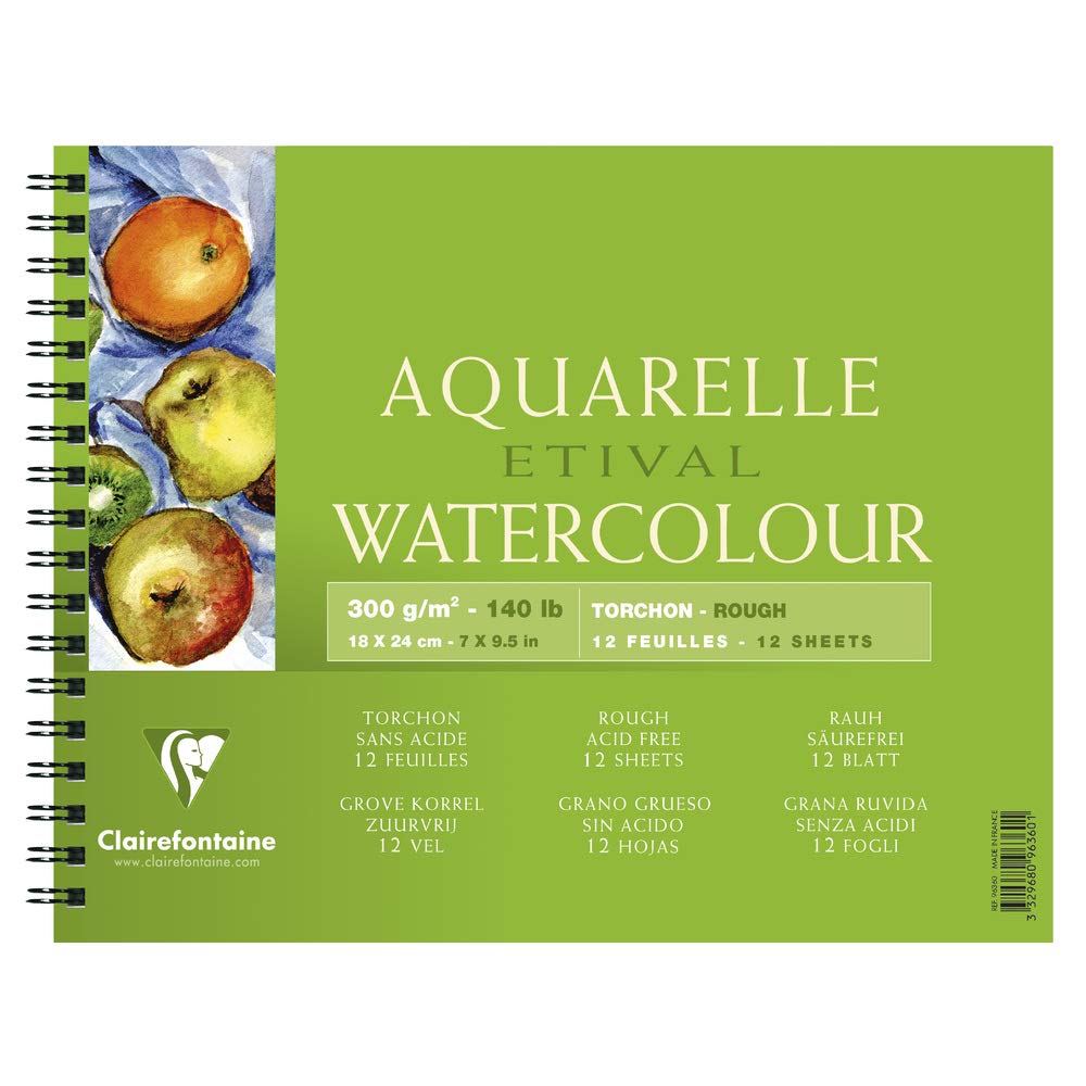 Clairefontaine - Ref 96360C - Etival Rough Grained Wirebound Pad (12 Sheets) - 18 x 24cm Size, Acid Free, pH Neutral, 300gsm Paper - Suitable for Watercolour Artwork