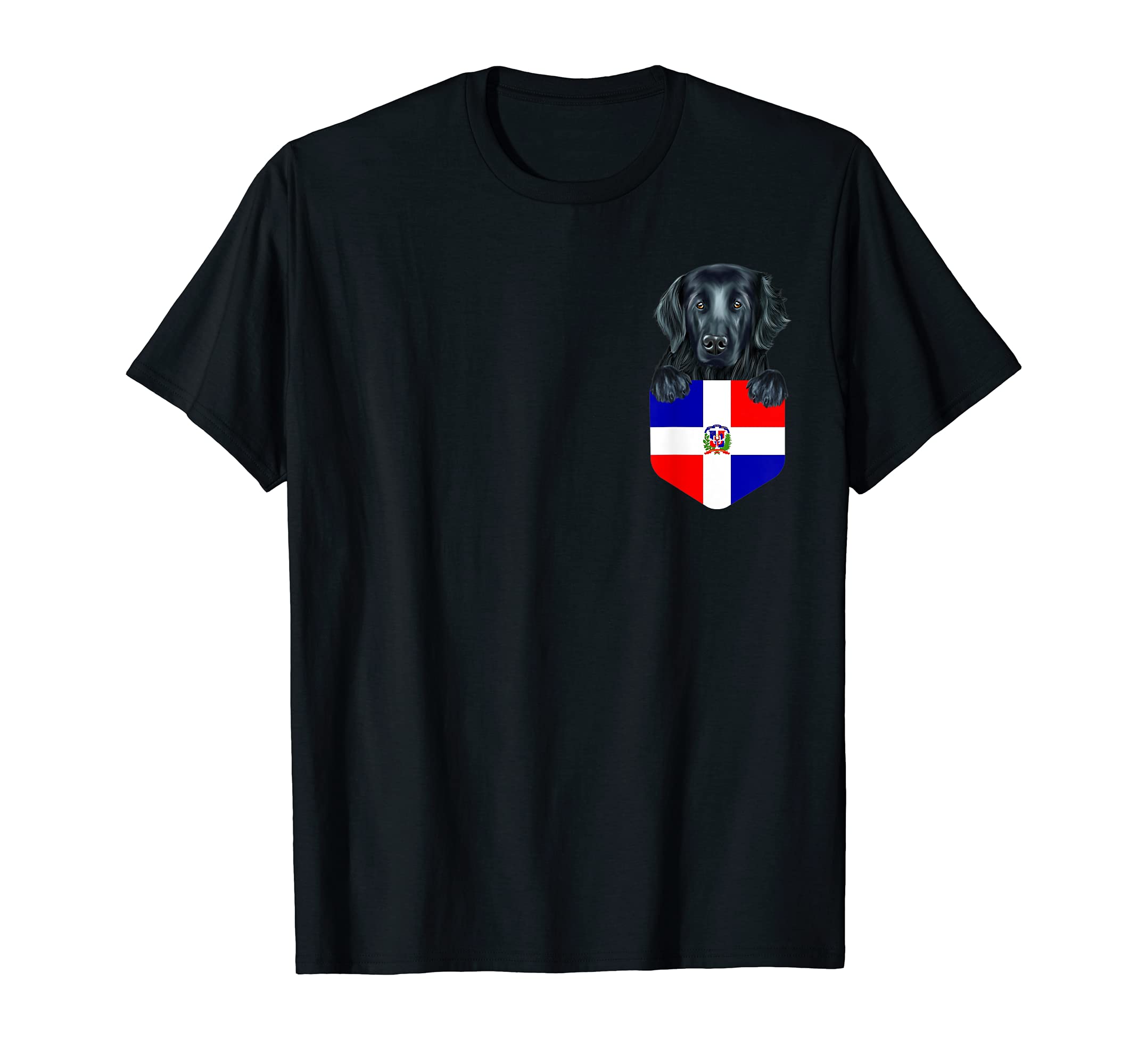 Dominican Republic Flag Flat-Coated Retriever Dog In Pocket T-Shirt