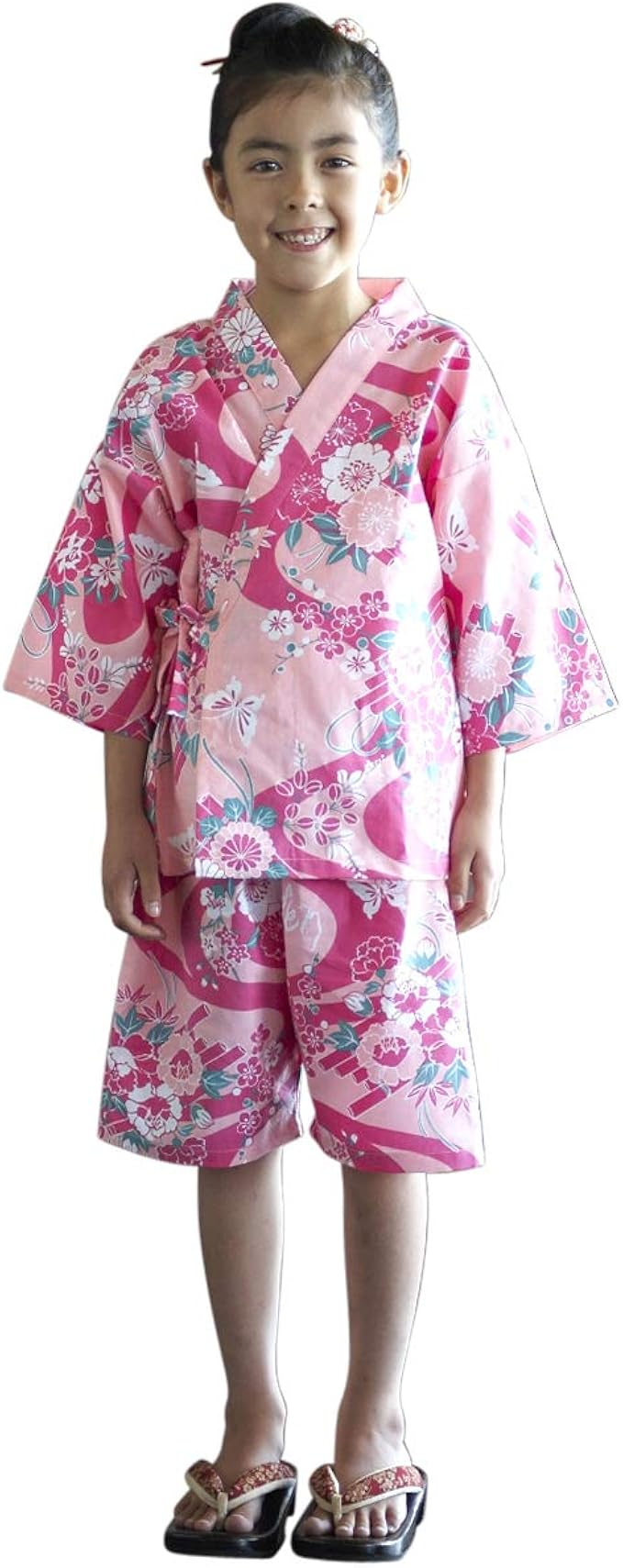 Amazon Com Jinbei For Kids Girls Japanese Midori Yukata For Children Kimono Made In Japan Pink Flower Raft ピンク花筏 Clothing