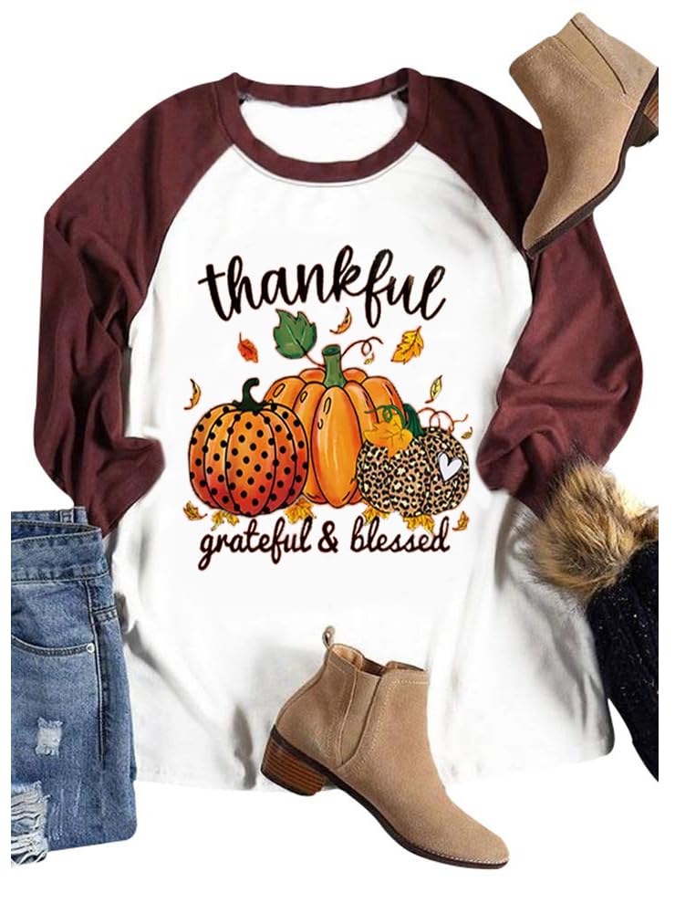 Photo 1 of Women Thanks Grateful Blessed Pumpkin Letter Print T-Shirt Thanksgiving Baseball 3/4 Sleeve Tops (3XL, White2)