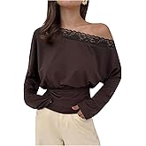 MakeMeChic Women's Off The Shoulder Lace Trim Tops Cinched Waist Long Sleeve Tee Tops