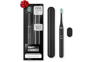 Aquasonic Icon ADA-Accepted Rechargeable Toothbrush | Magnetic Holder & Slim Travel Case | 2 Brushing Modes & Smart Timers | Gentle Micro-Vibrations(Onyx)