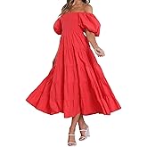 Djeanxa Dresses for Women 2023 Summer Off Shoulder Puff Short Sleeve Smocked Maxi Dress Empire Ruffle Flowy Tiered Long Dress