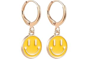 LITTOWN Smiley Face Earrings Huggie Hoop Y2K Preppy Happy Lightning Bolt Heart Star Small Dangle Colorful Gold White Red Pink Yellow Blue Jewelry