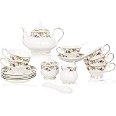 ACMLIFE Bone China Tea Set for Adults White And Floral Fine China Tea Set 21-Piece English Tea Cups Set of 6 for Women Porcelain Tea Set with Teapot, Sugar Bowl,Creamer Pitcher, Tea Party Sets