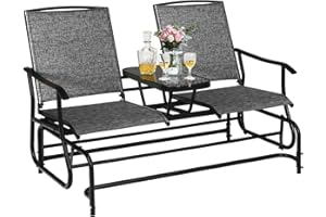 GENERIC ReunionG 2-Person Outdoor Glider Chair, Patio Bench Loveseat w/Tempered Glass Center Table & Sturdy Metal Frame, Porch Swing Rocking Chair for Outside, Balcony, Garden, Grey