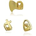 3 Pieces 18K Gold Plated Gold Finish Gold Teeth Grillz Single Teeth Cap Crown, Hip Hop Mouth Grills Fang with Adhesive Beads Party Accessories for Men Women