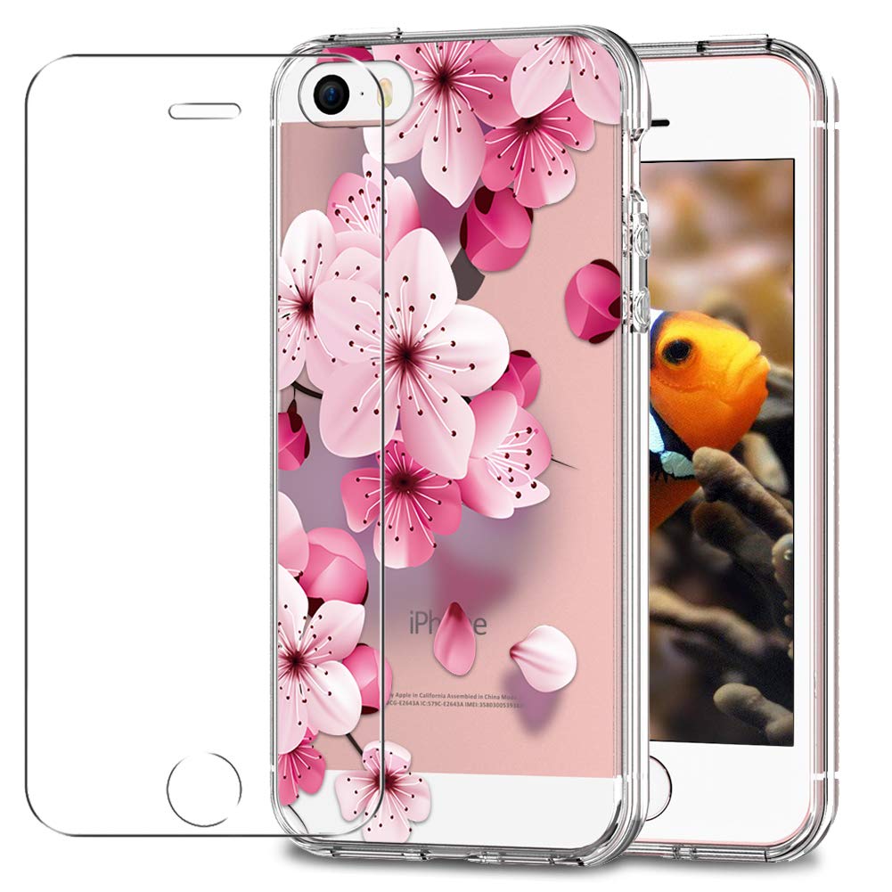 MadBee For iPhone 5/ 5S/ SE Case + Screen Protector, Colorful Pattern Printed Design Clear Soft Flexible TPU Protective Cover Case for iPhone 5/ iPhone 5S/ iPhone SE (Flower 3)
