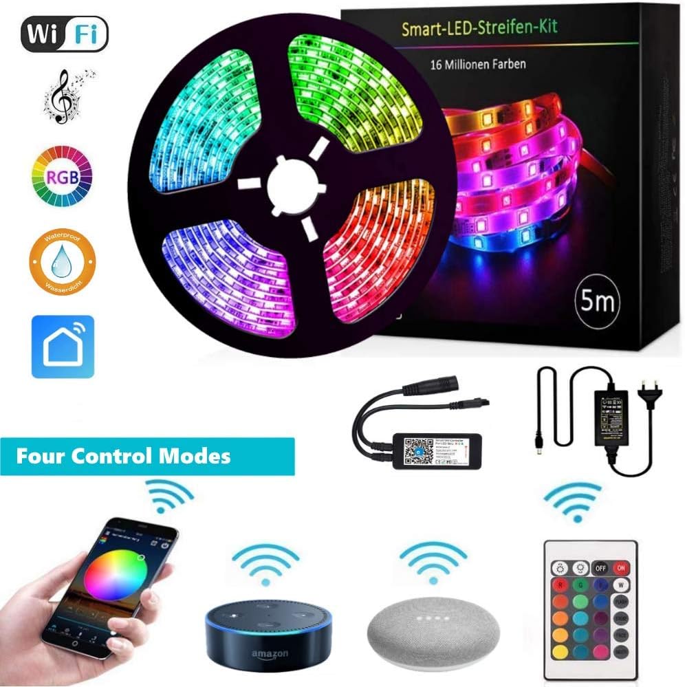 LED Strip Alexa by GoKlug LED Strip Google Home Strip 5m, Sync with music, 16 Mio colors controllable via App, IFTTT, dimmer Wifi Smart RGB LED Strip Lights Kit, LED Strip for TV IP65 [Energy Class A+++]