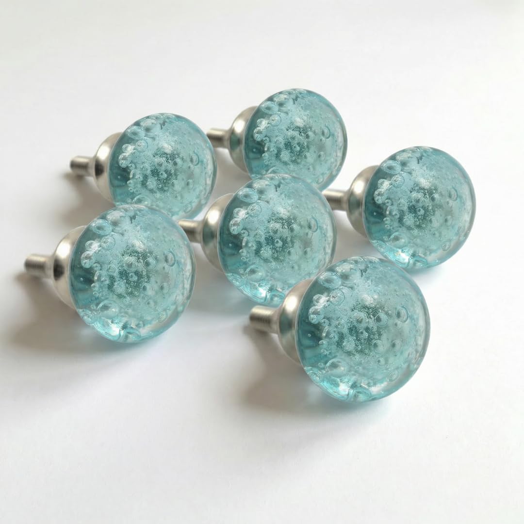 Photo 1 of owlKraft Handmade Bubble Glass Cabinet Knobs - Vintage Decorative, Trendy, Modern Design for Cabinets, Dressers & Furniture - Set of 6 (Blue)