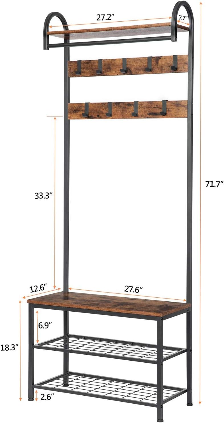 HOOBRO Coat Rack Shoe Bench, Industrial Hall Tree with Storage Shelf, Entryway Storage Organizer, 4 in 1 Design, Accent Furniture with Metal Frame, Easy Assembly, Rustic Brown BF13MT01: Home Improvement