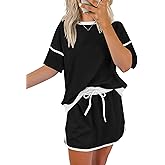 Rapbin Women's 2 Piece Sets Summer Casual Short Sleeve Tops Matching Drawstring Mini Skirt Going Out Lounge Outfits